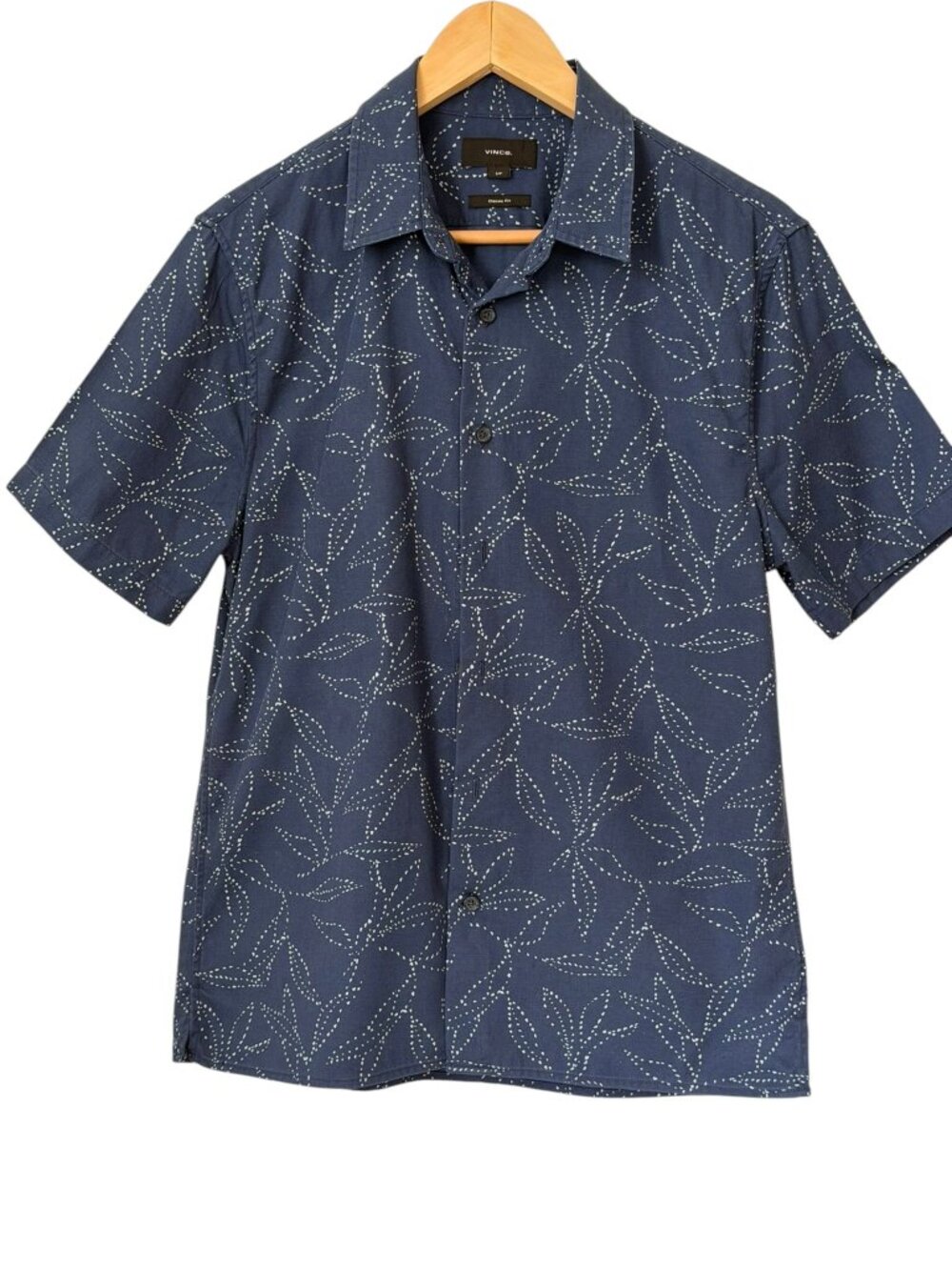 Vince Dotted Leaf Lyocell Cotton Short Sleeve Shirt Twilight Blue Classic Fit S